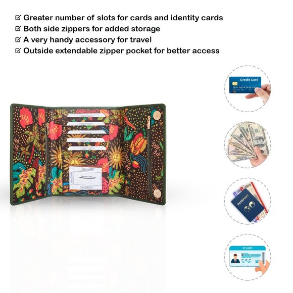 Hand Crafted Fabric Printed Green Trifold Wallet Card Holder – Women’s Organizer - Picture 4 of 9